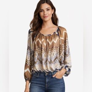 La Ropa flowy transparent Aztec design blouse size L